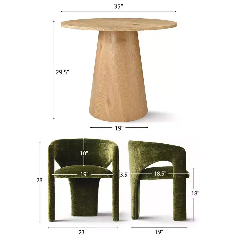 Round Dining Table Set with 2 Chenille Armchairs, Modern Pedestal Table and Upholstered Chairs with Full Back and Arms-Panipeachy