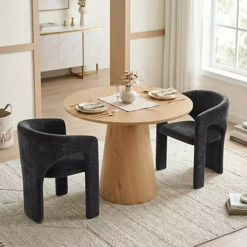 Round Dining Table Set with 2 Chenille Armchairs, Modern Pedestal Table and Upholstered Chairs with Full Back and Arms-Panipeachy