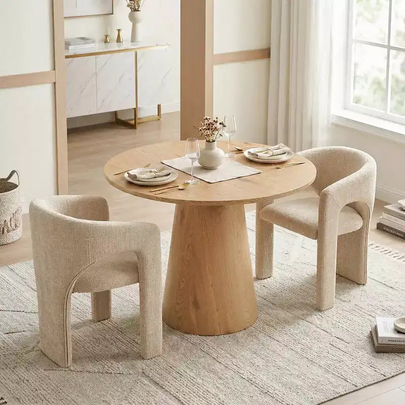 Round Dining Table Set with 2 Chenille Armchairs, Modern Pedestal Table and Upholstered Chairs with Full Back and Arms-Panipeachy