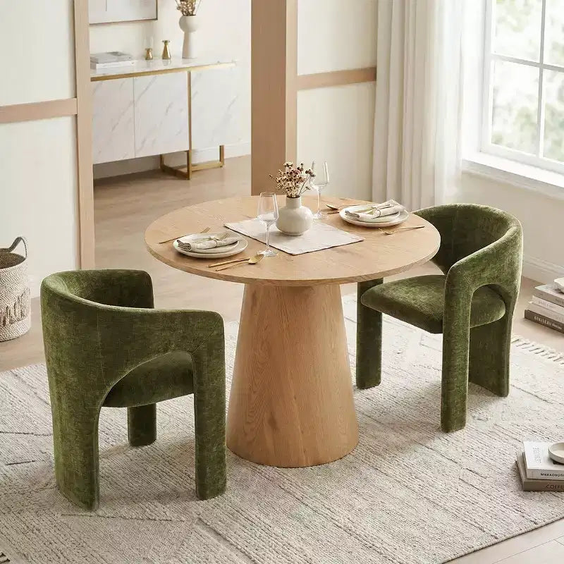 Round Dining Table Set with 2 Chenille Armchairs, Modern Pedestal Table and Upholstered Chairs with Full Back and Arms-Panipeachy