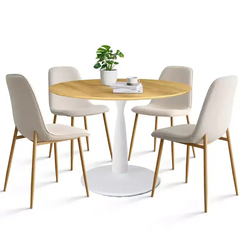5-Piece Round Dining Set, 37 Pedestal Table with Wood-Look Top and Upholstered Curved Chairs, Modern Style-Panipeachy