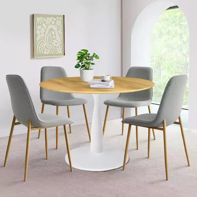5-Piece Round Dining Set, 37 Pedestal Table with Wood-Look Top and Upholstered Curved Chairs, Modern Style-Panipeachy