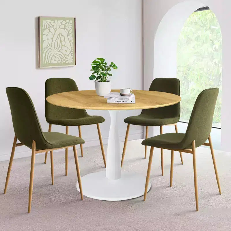 5-Piece Round Dining Set, 37 Pedestal Table with Wood-Look Top and Upholstered Curved Chairs, Modern Style-Panipeachy