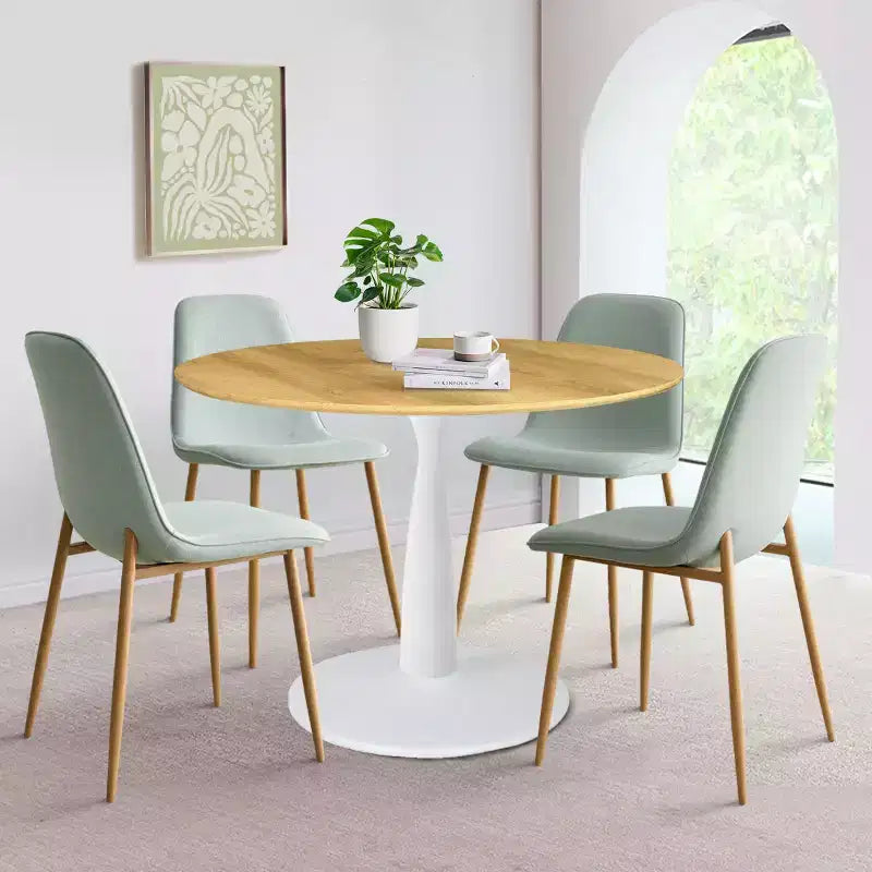 5-Piece Round Dining Set, 37 Pedestal Table with Wood-Look Top and Upholstered Curved Chairs, Modern Style-Panipeachy