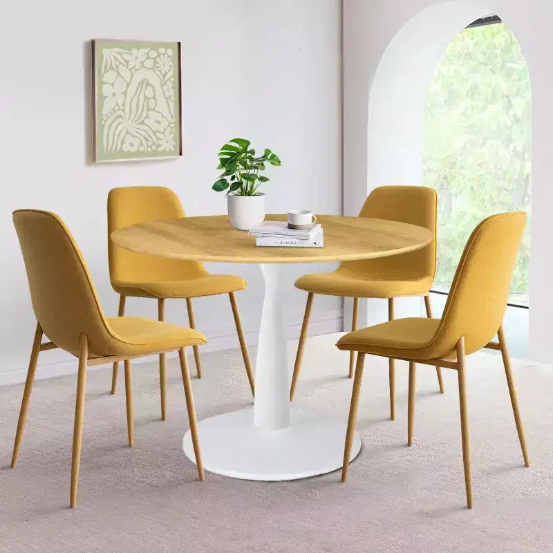 5-Piece Round Dining Set, 37 Pedestal Table with Wood-Look Top and Upholstered Curved Chairs, Modern Style-Panipeachy