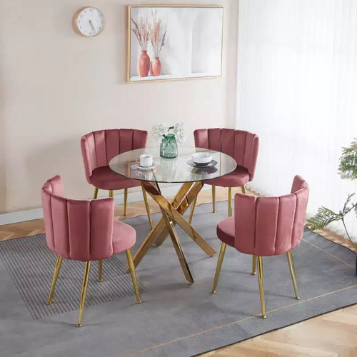 5-Piece Mid-Century Dining Set with Glass Table Top and Metal Legs for 4-6 People, Also Functions as Coffee Table