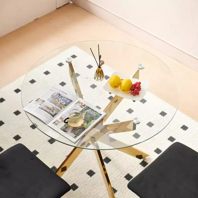 5-Piece Mid-Century Dining Set with Glass Table Top and Metal Legs for 4-6 People, Also Functions as Coffee Table
