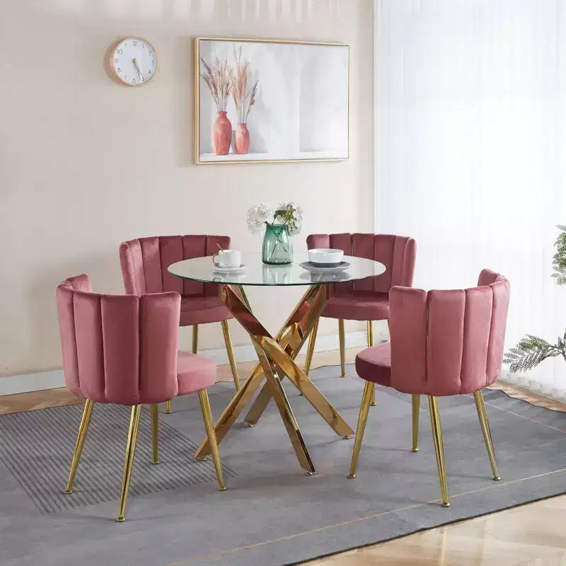 5-Piece Mid-Century Dining Set with Glass Table Top and Metal Legs for 4-6 People, Also Functions as Coffee Table