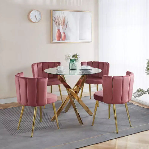 5-Piece Mid-Century Dining Set with Glass Table Top and Metal Legs for 4-6 People, Also Functions as Coffee Table