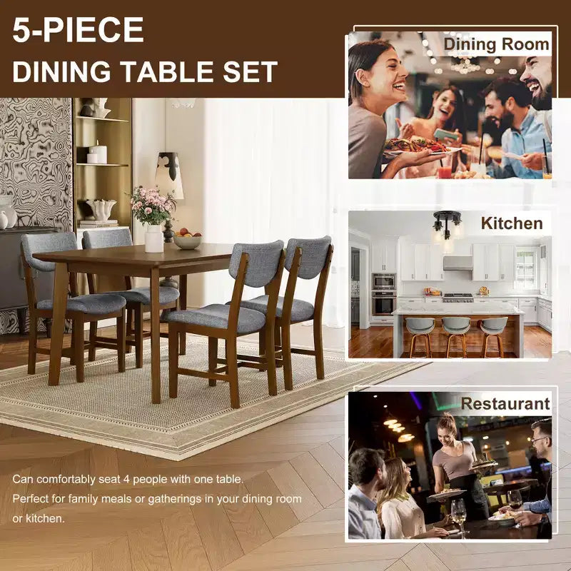 5-Piece Rustic Dining Set with Wood Table and 4 Upholstered Chairs in Espresso