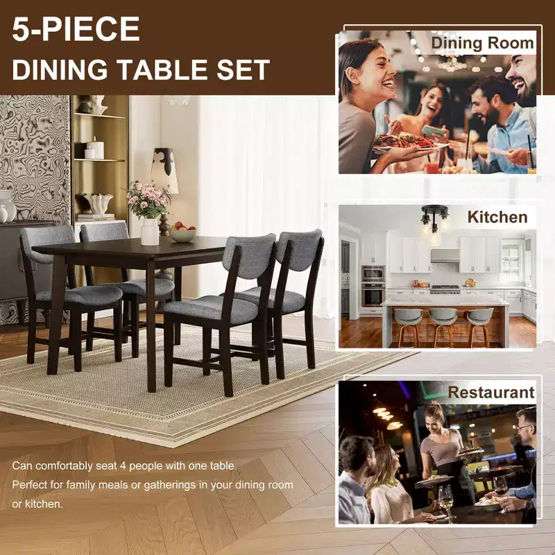 5-Piece Rustic Dining Set with Wood Table and 4 Upholstered Chairs in Espresso