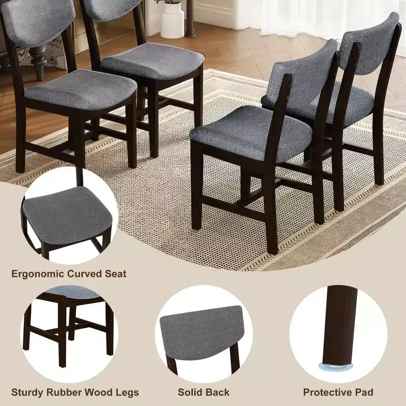 5-Piece Rustic Dining Set with Wood Table and 4 Upholstered Chairs in Espresso