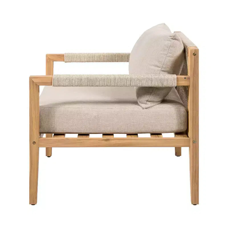 Christopher Knight Home Justina 3 Piece Outdoor Acacia Wood Rope Chair with Ceramic Tile End Table
