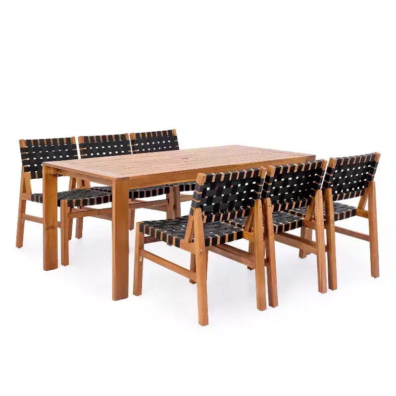 Christopher Knight Home Ratchanon Modern 7 Piece Acacia Wood Patio Side Chairs with PE Woven Rope and Slatted Table
