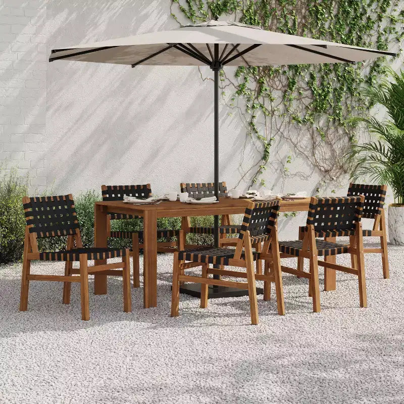 Christopher Knight Home Ratchanon Modern 7 Piece Acacia Wood Patio Side Chairs with PE Woven Rope and Slatted Table