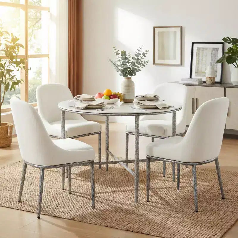 Christopher Knight Home Valeska 5 Piece Industrial Luxe Hand-Forged Sintered Stone Dining Table with Upholstered Dining Chairs