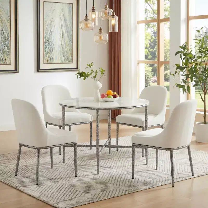 Christopher Knight Home Valeska 5 Piece Industrial Luxe Hand-Forged Sintered Stone Dining Table with Upholstered Dining Chairs