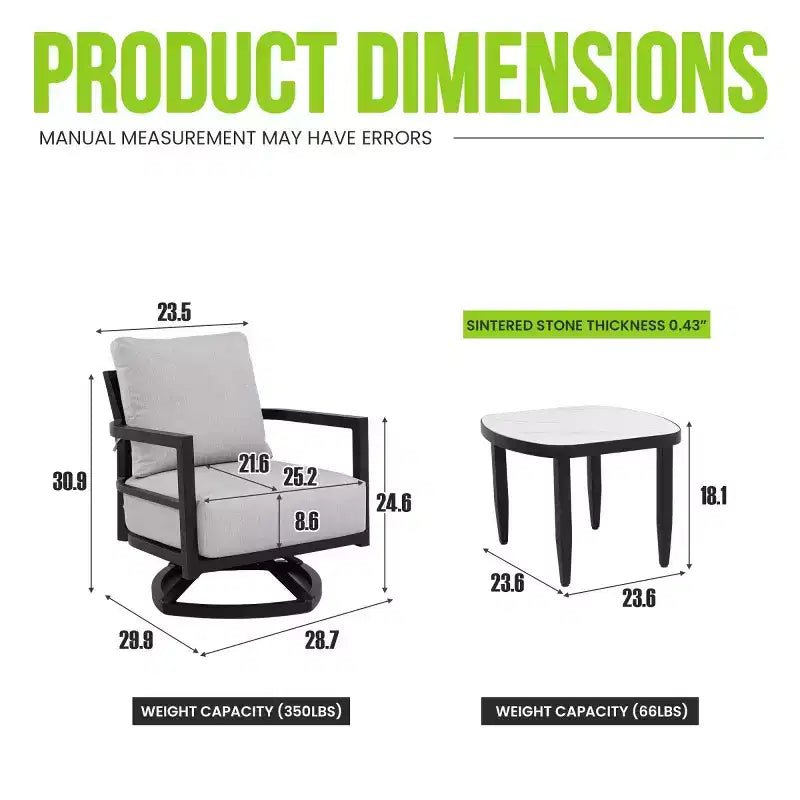 Aluminum Patio Swivel Chair Set of 3, Outdoor Patio Furniture Set with Sunbrella Cushions and Side Table for Deck, Garden or Balcony-Panipeachy
