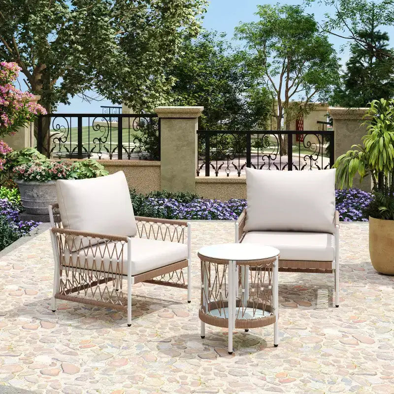 3-PCS Boho Patio Furniture Set with 2 Lounge Chairs & Glass Top Side Table, Outdoor Conversation Set for Backyard or Poolside-Panipeachy