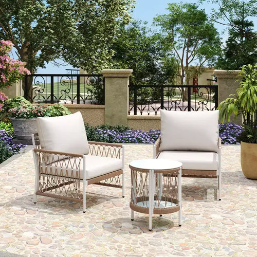 3-PCS Boho Patio Furniture Set with 2 Lounge Chairs & Glass Top Side Table, Outdoor Conversation Set for Backyard or Poolside-Panipeachy