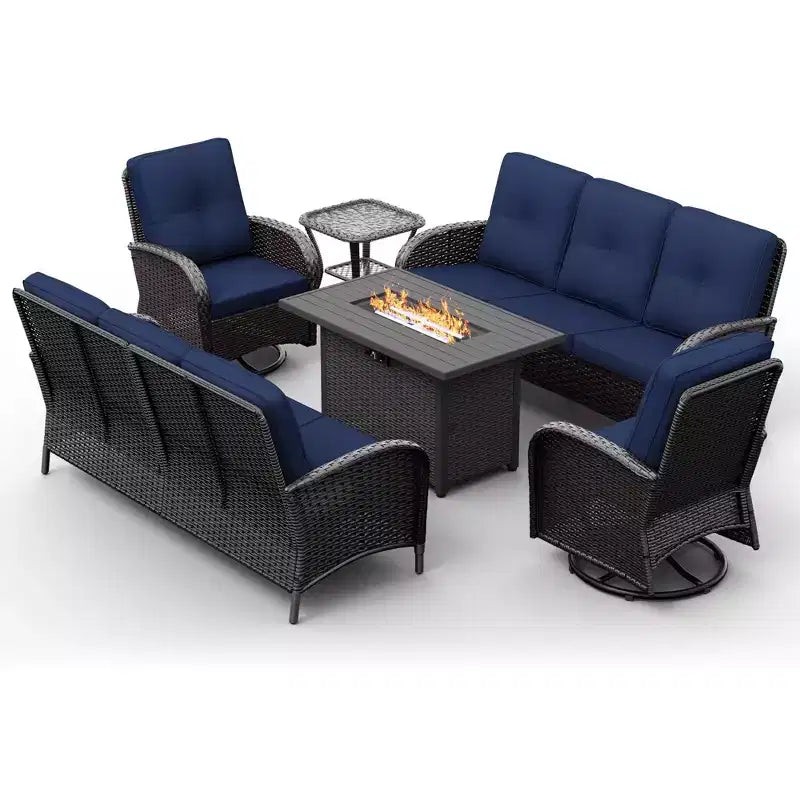 UPTIOT 6-Piece Outdoor Patio Set with Fire Pit Table, Two 3-Seat Sofas, Swivel Chairs & Side Table for Large Gatherings