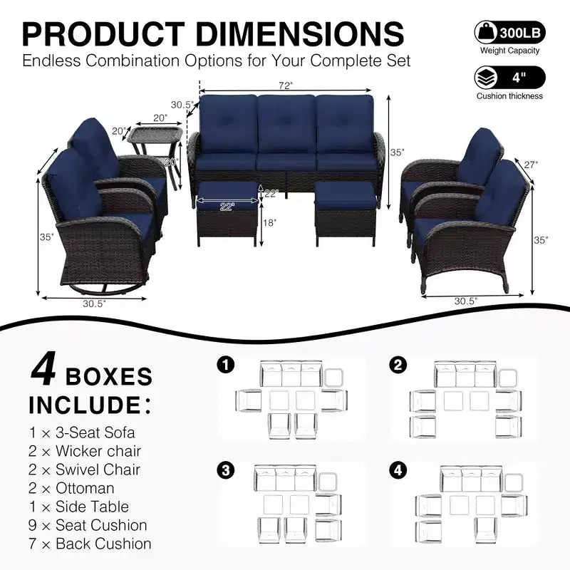 UPTIOT 8-Piece Outdoor Patio Set with 3-Seat Sofa, Swivel Chairs, Wicker Chairs, Ottomans & Side Table for Ultimate Comfort