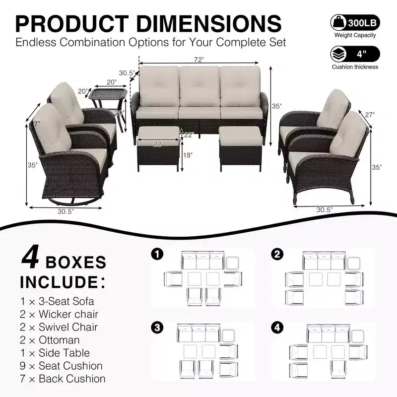 UPTIOT 8-Piece Outdoor Patio Set with 3-Seat Sofa, Swivel Chairs, Wicker Chairs, Ottomans & Side Table for Ultimate Comfort