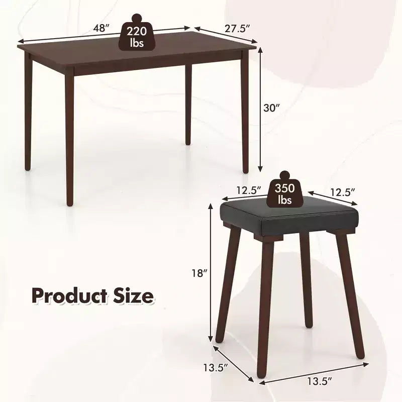 Costway 5PCS Dining Table Set for 4 w/ 4 Upholstered Stools Rubber Wood Legs for Kitchen
