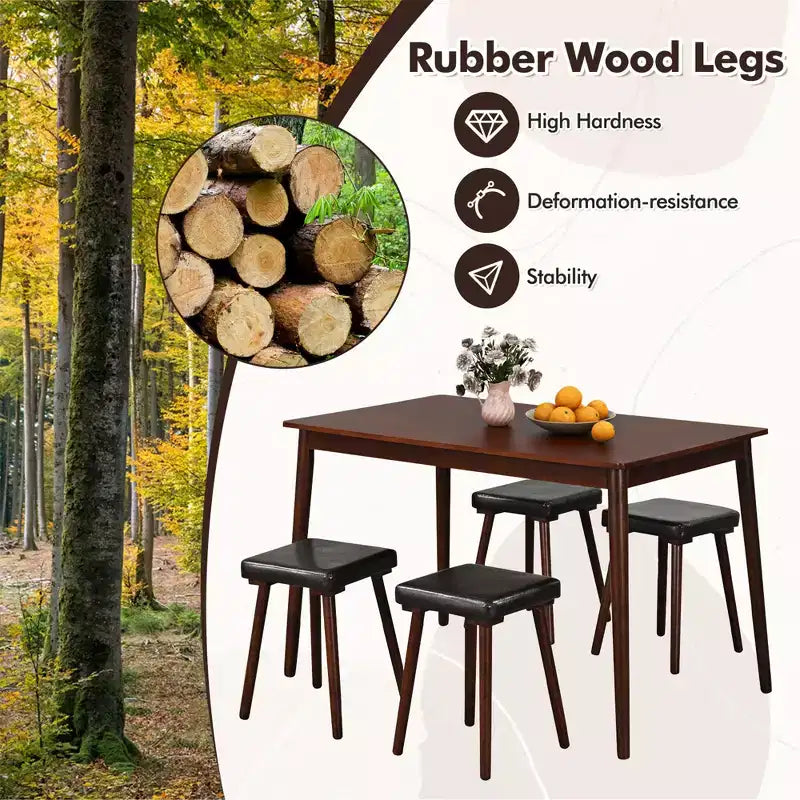 Costway 5PCS Dining Table Set for 4 w/ 4 Upholstered Stools Rubber Wood Legs for Kitchen