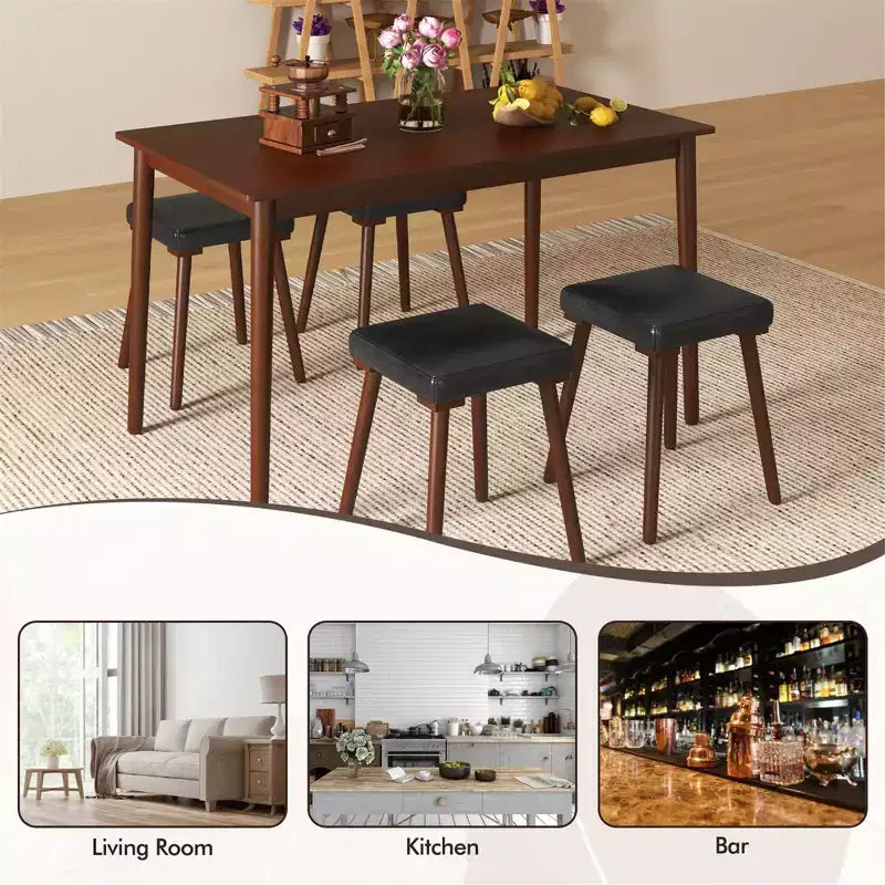 Costway 5PCS Dining Table Set for 4 w/ 4 Upholstered Stools Rubber Wood Legs for Kitchen