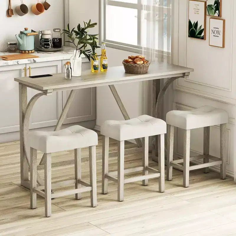 Costway 4-Piece Bar Table Set w/ Power Outlet Counter Height Bistro Table and Stools