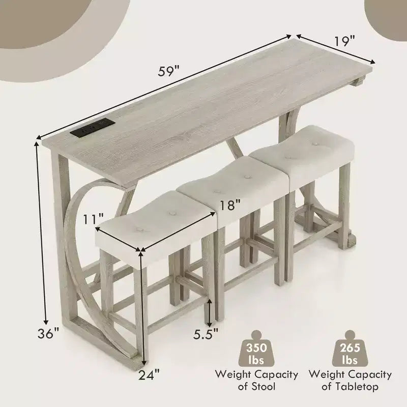 Costway 4-Piece Bar Table Set w/ Power Outlet Counter Height Bistro Table and Stools