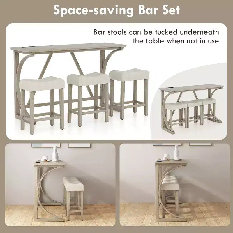 Costway 4-Piece Bar Table Set w/ Power Outlet Counter Height Bistro Table and Stools