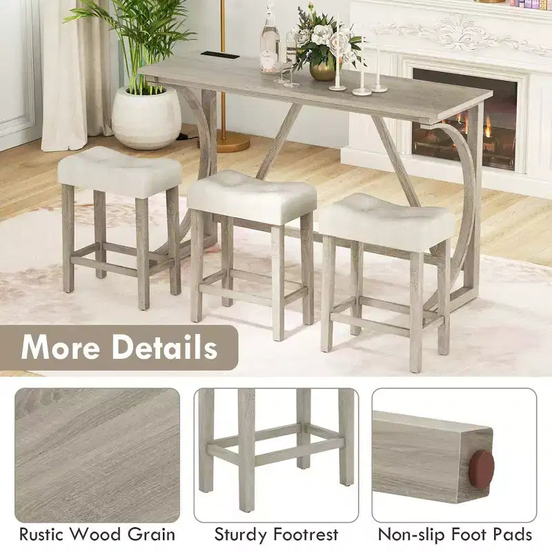 Costway 4-Piece Bar Table Set w/ Power Outlet Counter Height Bistro Table and Stools