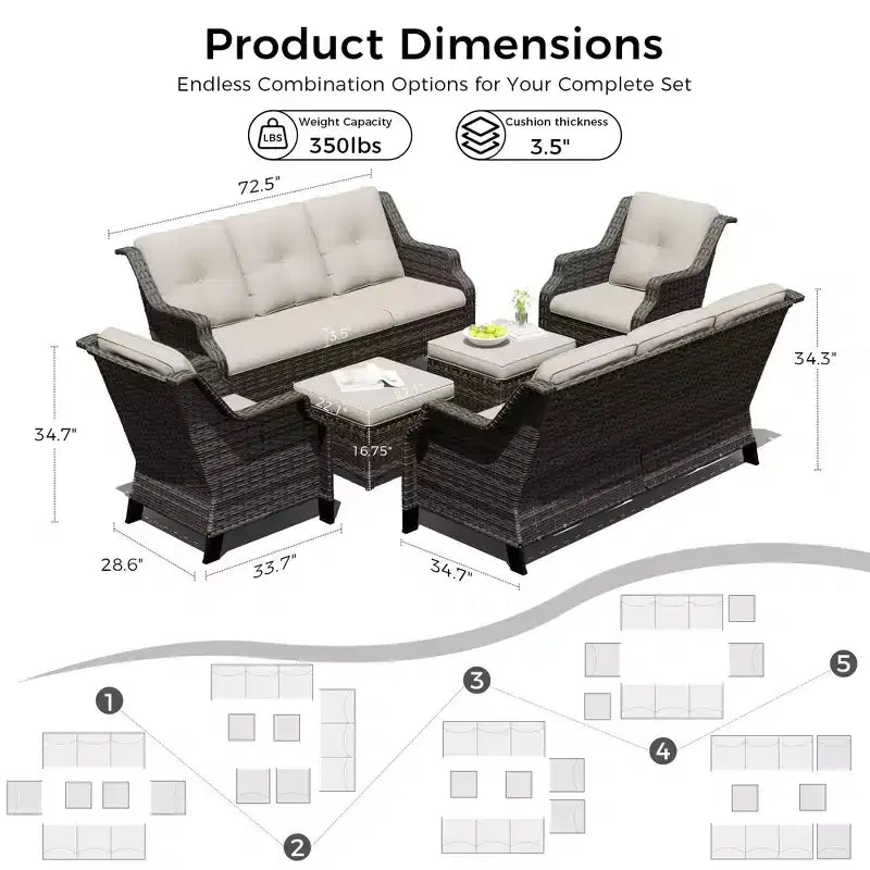 UPTIOT Outdoor 6-Piece Modular Set with Dual 72.5 Sofas, Swivel Chairs & Ottoman Pair