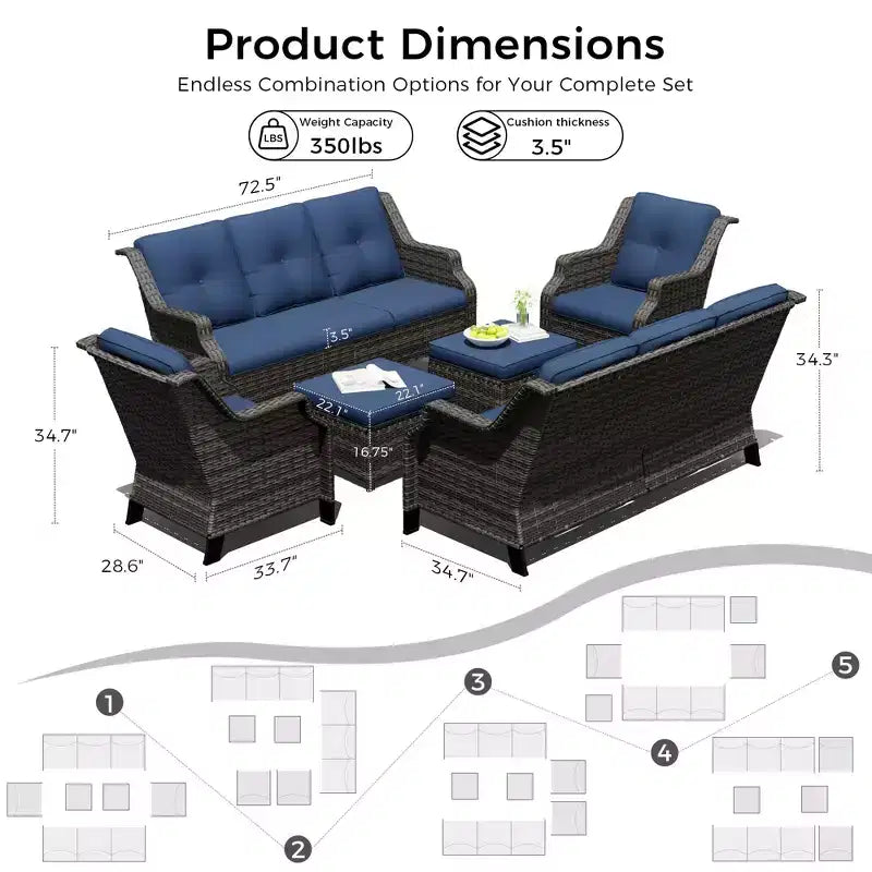 UPTIOT Outdoor 6-Piece Modular Set with Dual 72.5 Sofas, Swivel Chairs & Ottoman Pair