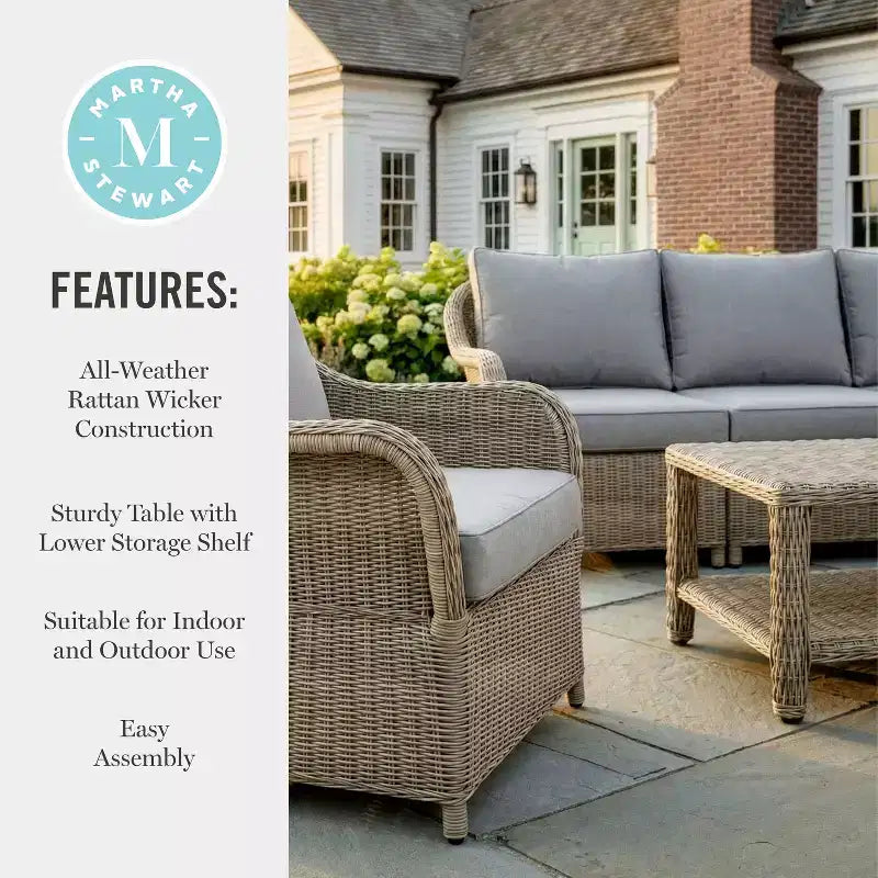 Martha Stewart All-Weather Rattan Wicker Patio Sofa, 2 Chairs,Coffee Table - Weathered Gray