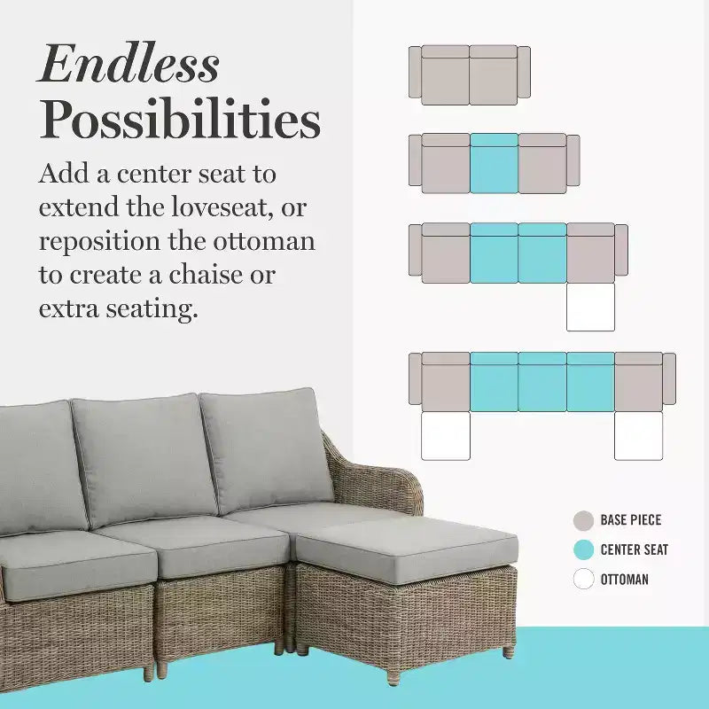 Martha Stewart All-Weather Rattan Wicker Patio Sofa, 2 Chairs,Coffee Table - Weathered Gray