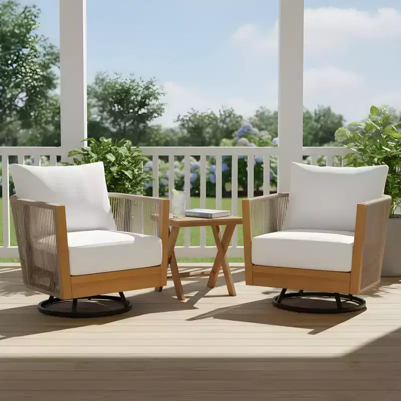 Christopher Knight Home Thanh Modern 3 Piece Acacia Patio Swivel Chairs with Rope Design and Slatted Table Set