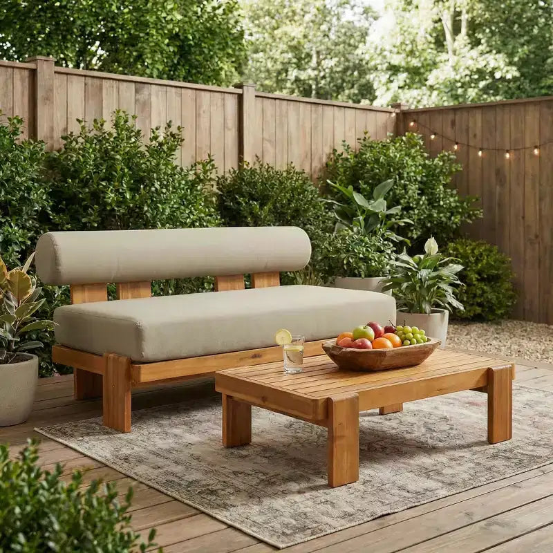 Christopher Knight Home Ishaan Modern 2 Piece Acacia Upholstered Patio Loveseat and Slatted Coffee Table Set