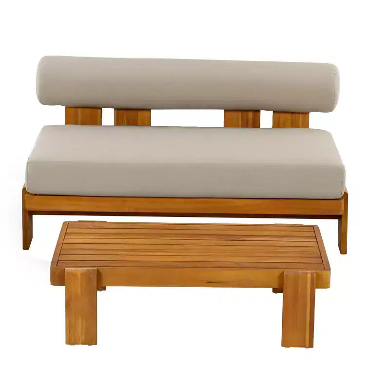 Christopher Knight Home Ishaan Modern 2 Piece Acacia Upholstered Patio Loveseat and Slatted Coffee Table Set