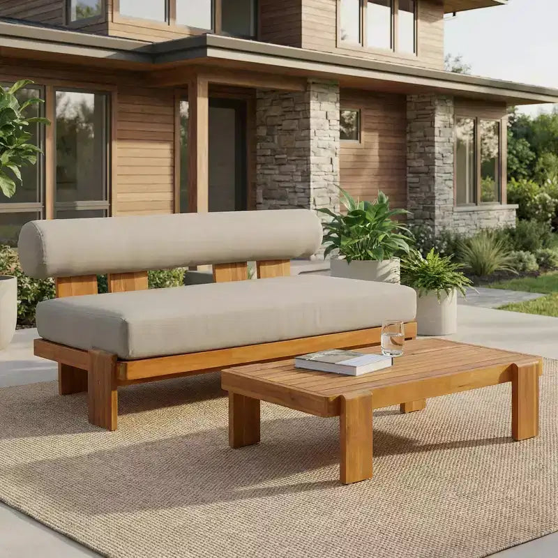 Christopher Knight Home Ishaan Modern 2 Piece Acacia Upholstered Patio Loveseat and Slatted Coffee Table Set