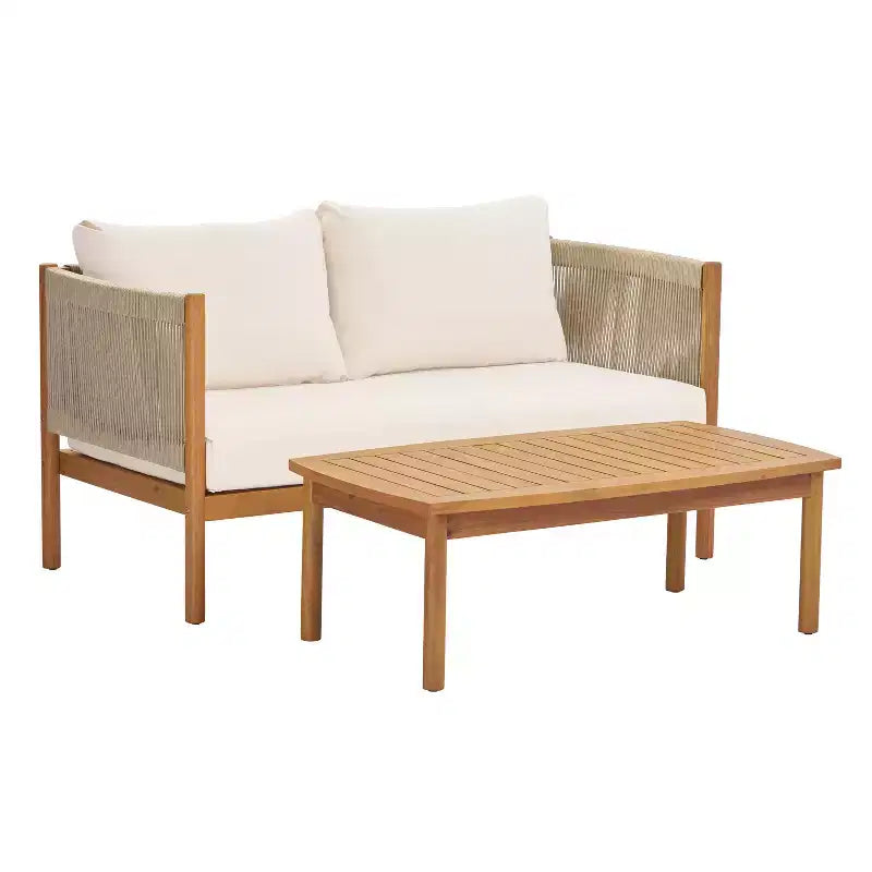 Christopher Knight Home Bradley Patio Modern Acacia Wood 2-Piece Loveseat and Coffee Table Set with Woven Rope Panels and Cushions