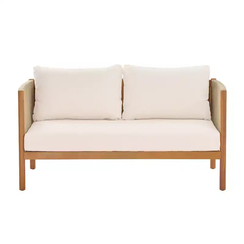 Christopher Knight Home Bradley Patio Modern Acacia Wood 2-Piece Loveseat and Coffee Table Set with Woven Rope Panels and Cushions