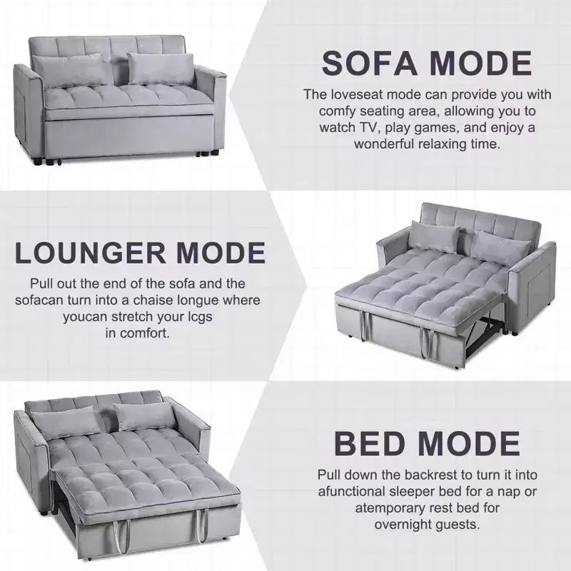 Cement Gray 3 in 1 Velvet Convertible Sleeper Sofa Bed with Pillows and Pockets, Modern Pull Out Couch Bed, Adjustable Backrest