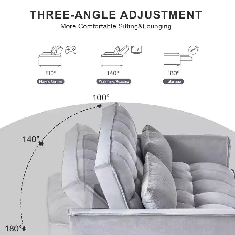 Cement Gray 3 in 1 Velvet Convertible Sleeper Sofa Bed with Pillows and Pockets, Modern Pull Out Couch Bed, Adjustable Backrest