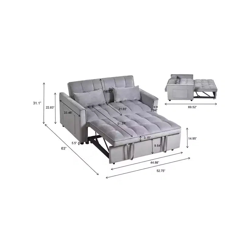 Cement Gray 3 in 1 Velvet Convertible Sleeper Sofa Bed with Pillows and Pockets, Modern Pull Out Couch Bed, Adjustable Backrest