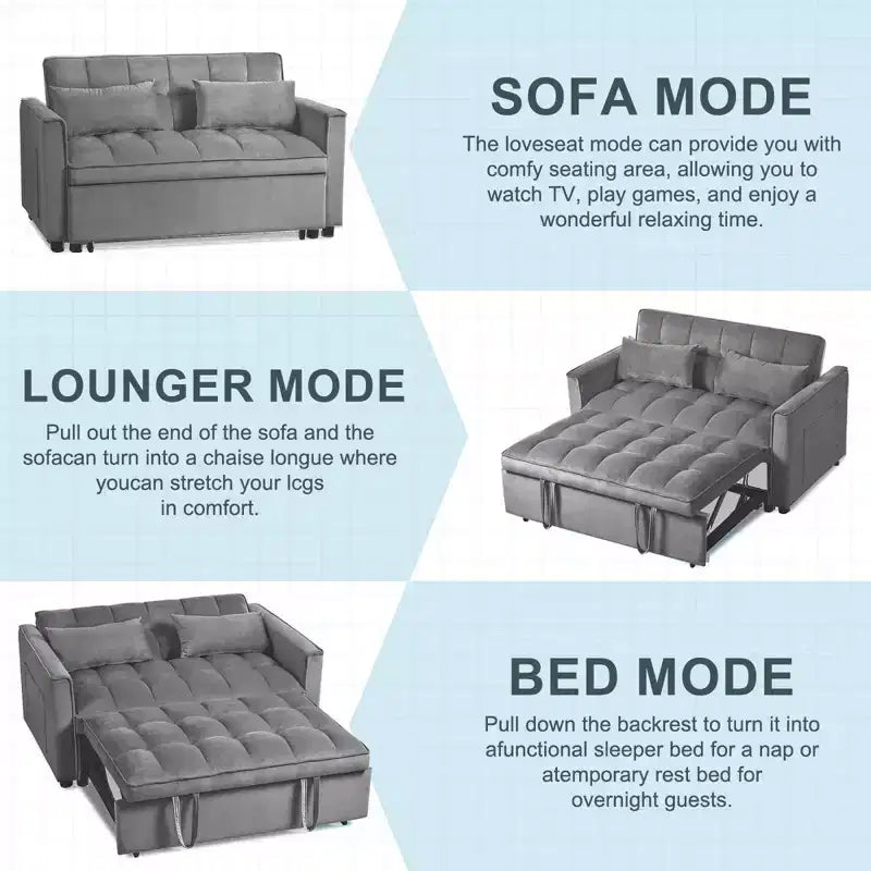 Cement Gray 3 in 1 Velvet Convertible Sleeper Sofa Bed with Pillows and Pockets, Modern Pull Out Couch Bed, Adjustable Backrest