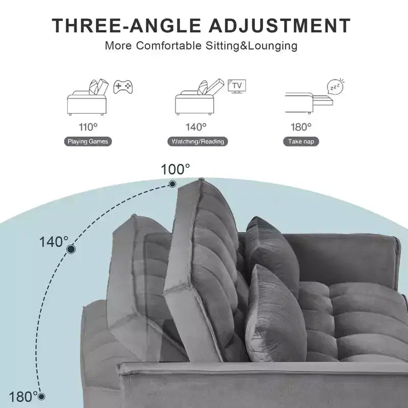 Cement Gray 3 in 1 Velvet Convertible Sleeper Sofa Bed with Pillows and Pockets, Modern Pull Out Couch Bed, Adjustable Backrest