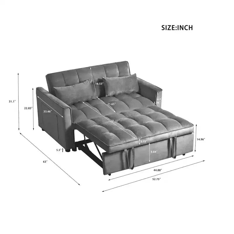 Cement Gray 3 in 1 Velvet Convertible Sleeper Sofa Bed with Pillows and Pockets, Modern Pull Out Couch Bed, Adjustable Backrest